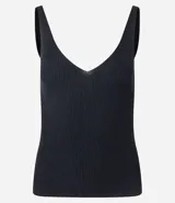 Blusa sin mangas de punto acanalado color crema, con escote en V y espalda descubierta. Confeccionada en una mezcla de viscosa y poliamida, presenta un ajuste al cuerpo y textura vertical en relieve.