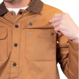 Campera color marrón con cuello de pana marrón, cierre con botones a presión, dos bolsillos de parche con solapa abotonada en el pecho y dos bolsillos laterales.