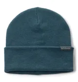 Gorro tipo beanie de punto en color azul petróleo, con diseño de doblez en el borde y etiqueta pequeña con el logo de la marca Columbia.