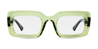 Lentes con armazón rectangular oversized verde translúcido y cristales transparentes con tecnología blueblocker y protección UV400.