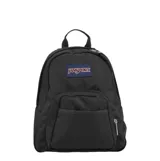 Mochila pequeña y liviana Jansport modelo Half Pint, color negro, confeccionada en tela de poliéster. Cuenta con un compartimento principal y un bolsillo frontal con cierre, además de asa superior de mano.