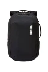 Mochila Thule Subterra de 30 litros, color negro, con logo blanco en el frente. Cuenta con funda acolchada para laptop de 15,6", bolsillo para tableta, PowerPocket para organizar cables y correas acolchadas para los hombros. Se puede sujetar a una maleta con ruedas.