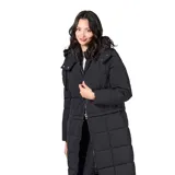 Campera larga tipo puffer color negro, con diseño acolchado, cierre frontal completo, cuello alto y capucha desmontable.