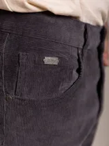 Pantalón de corte regular confeccionado en pana color marrón, con cierre de botón y cremallera, y bolsillos laterales y traseros.