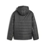 Campera acolchada con capucha, color gris oscuro, con cierre frontal completo y logo de la marca en el pecho.