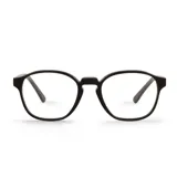 Lentes de lectura con armazón de acetato negro de forma redondeada y puente nasal definido.