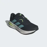 Championes de running Adidas Galaxy 7, color azul marino con tres franjas laterales en azul celeste y detalles en verde lima. Cuentan con mediasuela Cloudfoam blanca y detalles en verde lima en la parte inferior.