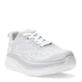 Championes deportivos de mujer color blanco, con capellada de tejido knit transpirable y suela de plataforma con amortiguación. Presentan cierre con cordones y detalles en gris claro.