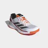 Championes Adidas Crazyquick para pádel, con empeine de malla blanca, detalles en gris, rojo y naranja. Incorpora tecnología Lightstrike en la mediasuela y suela Adiwear de alto agarre.