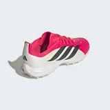 Championes de fútbol Adidas Predator League para césped artificial, con diseño en color fucsia y blanco, destacando las tres tiras laterales en negro. Incorporan tecnología Nanostrike para mayor precisión y suela de goma con tecnología Powerspine para optimizar la potencia en el golpeo.
