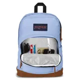 Mochila JanSport Right Pack color celeste con base de cuero marrón, logo de la marca en el frente y detalles en marrón.