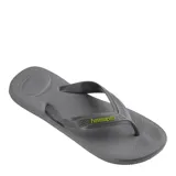 Chancletas Havaianas Top Max Comfort de color gris, con tiras anchas texturizadas y detalle de la marca en tono verde lima.