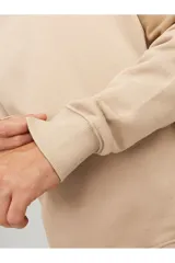 Buzo color beige de manga larga y cuello redondo, con calce relajado y hombros caídos.