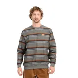 Buzo de algodón color beige con rayas horizontales en tonos marrón, gris y negro. Tiene cuello redondo y logo pequeño en el pecho.