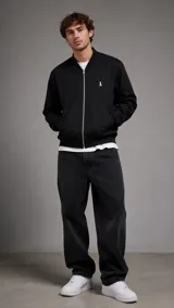 Campera bomber negra con cierre frontal metálico, bolsillos laterales ribeteados y cuello, puños y dobladillo en rib elástico. Cuenta con un pequeño bordado en el pecho.