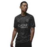 Camiseta de fútbol Nike del Paris Saint-Germain, modelo Alternativa Stadium temporada 2023/24. Diseño negro con estampado tipo piel de elefante en gris y detalles en negro en cuello y mangas. Incluye logo de Nike, escudo del club y sponsor Qatar Airways en el frente.