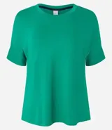 Blusa básica de viscosa color azul marino, con cuello redondo y mangas cortas de diseño cuadrado sin sisas.