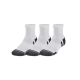 Pack de tres pares de medias deportivas Under Armour Performance Tech, de corte medio, en color blanco con puntera y talón en gris oscuro.