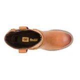 Bota de cuero color marrón con diseño estilo arnés, que incluye una correa decorativa con argolla metálica en el tobillo. Presenta suela de goma dentada y el logo de la marca grabado en el lateral.