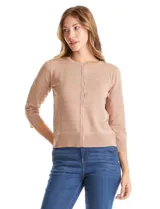Cardigan de tejido fino con abotonadura frontal, cuello redondo y mangas tres cuartos con puños acanalados.