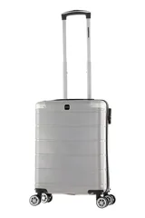 Valija carry on de diseño rígido y color gris, con ruedas dobles spinner 360 grados desmontables, candado incorporado y sistema de sujeción interno.