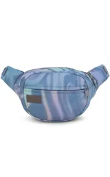 Riñonera negra de tela con diseño de ondas o mármol en tonos azules y violetas. Presenta un bolsillo frontal con cierre y una etiqueta de marca en el frente.