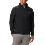 Campera Columbia Ascender Softshell negra, resistente al viento y al agua, con cierre frontal completo, cuello alto, bolsillos laterales con cierre y bolsillo en el pecho con cierre.
