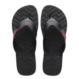 Sandalias tipo ojota Havaianas modelo Track, color negro con detalles en rojo. Presentan una suela con diseño en zigzag y tiras anchas con textura.