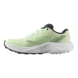 Championes de trail running Salomon Pulsar, color verde menta con entresuela combinada en blanco y negro, y cordones de ajuste rápido.