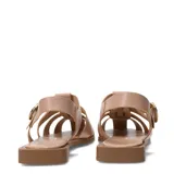 Sandalias franciscanas de cuero negro con tiras cruzadas, suela plana y hebilla metálica dorada lateral.