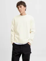 Buzo de punto de manga larga con cuello redondo y ajuste holgado, confeccionado en tejido suave y flexible.