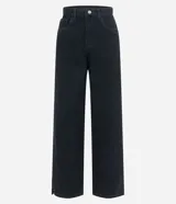 Pantalón negro de sarga con corte años 90, tiro alto, pierna recta y strass aplicados en la parte delantera.