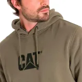 Canguro color verde oliva con capucha ajustable y bolsillo tipo canguro. Logo de Caterpillar estampado en el pecho.