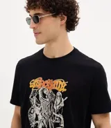 Remera negra de algodón con estampado localizado de la banda Aerosmith en tonos naranja y amarillo. Presenta cuello redondo y manga corta.