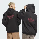 Campera con capucha Adidas de color negro con cierre frontal y bolsillos tipo canguro. Presenta un pequeño estampado en el pecho con el diseño de Mark Gonzales.