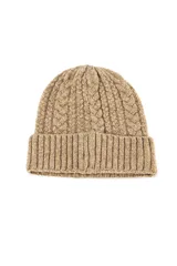 Gorro de lana tejido con diseño de trenzas verticales y borde acanalado con vuelta.