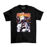 Remera negra de algodón con estampa frontal gráfica estilo graffiti y arte urbano de la banda Limp Bizkit.