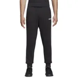 Pantalón de jogging Adidas modelo Essentials, color negro con las icónicas tres bandas blancas laterales. Presenta cintura elástica con cordón ajustable, corte cónico y puños acanalados en los tobillos.