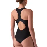 Malla enteriza Fila de natación para mujer, color negro, de diseño clásico con espalda deportiva y el logo de la marca estampado en el pecho en tono plateado.