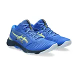 Championes de voleibol Asics Netburner Ballistic FF MT 3, color azul con detalles en amarillo y negro. Diseñados para jugadores rápidos, ofrecen flexibilidad y ligereza para movimientos ágiles en la cancha. Incorporan tecnología TWISTRUSS para aligerar el peso y tecnología X GUIDANCE para mayor flexibilidad.