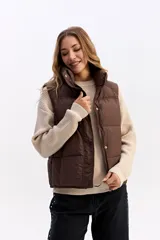 Chaleco puffer de color marrón, con cuello alto, cierre frontal y broches a presión. Diseño acolchado y liviano.
