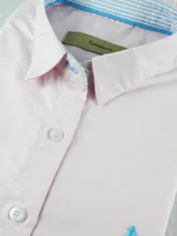 Camisa de mujer entallada con diseño de rayas verticales en tonos celeste y azul, manga larga con puños abotonados y cuello clásico.