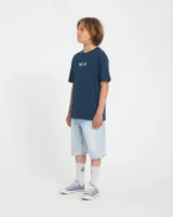 Remera azul oscuro con diseño gráfico en la espalda que incluye un pez bajo una sombrilla, un sol y la inscripción Volcom.