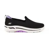 Zapatillas Skechers Go Walk Arch Fit Hazel sin cordones, color negro con suela blanca y detalles en lila.