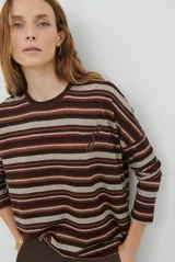 Remera de manga larga con diseño de rayas horizontales en tonos marrones, beige y rojizos. Presenta cuello redondo y un detalle bordado en el pecho.