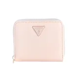Billetera compacta Guess modelo Isobel, color rosa, con cierre perimetral y logo triangular metálico en la parte frontal.