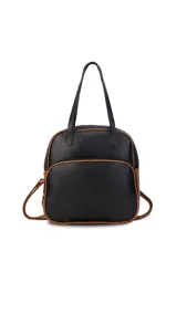 Mochila color bordó con doble asa superior, correas traseras regulables y bolsillo frontal con cierre. Se puede usar como mochila o como cartera.