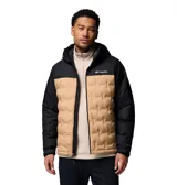 Campera técnica con capucha, diseño bicolor en negro y beige. Cuenta con cierre frontal completo, bolsillos laterales con cremallera y tecnología de aislamiento térmico. Presenta construcción sellada sin costuras y logo de la marca estampado en el pecho.