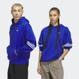 Canguro azul con capucha, logo de Adidas bordado en el pecho y tres rayas blancas en las mangas.