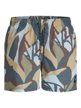 Short de baño con estampado botánico abstracto en tonos tierra, azul y gris. Cuenta con cintura elástica con cordón ajustable, bolsillos laterales y un bolsillo trasero.